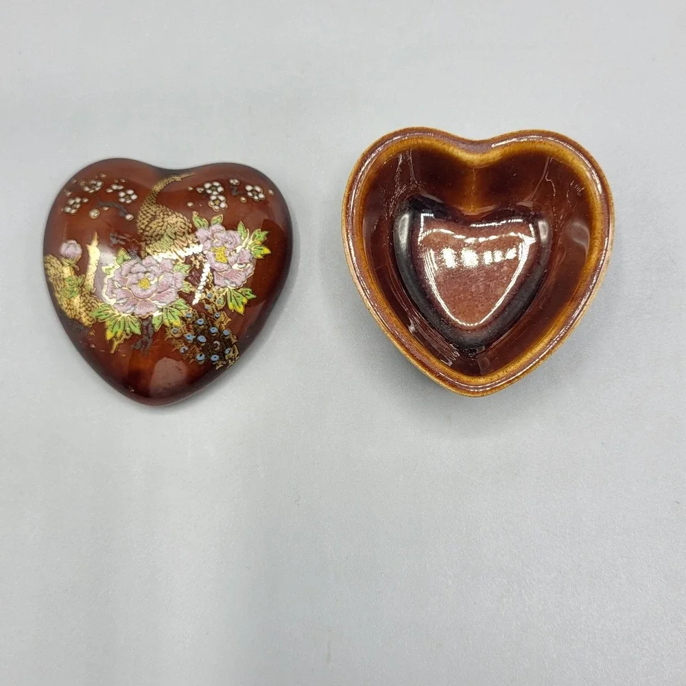 Heart Trinket Box Miniature Peacock Peony Floral Ceramic Brown Shelf Decor